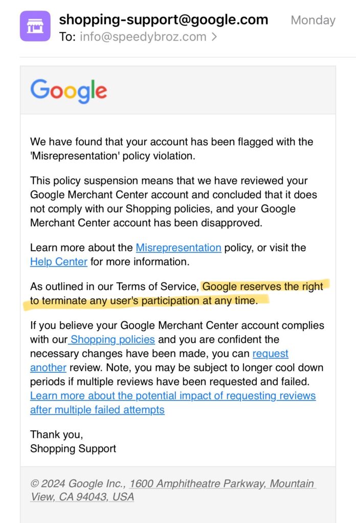 Email reply from Google Merchant Center after cooldown period that is another form letter that doesn't answer any questions, and threatens that Google reserves the right to terminate any account it wants for any reason