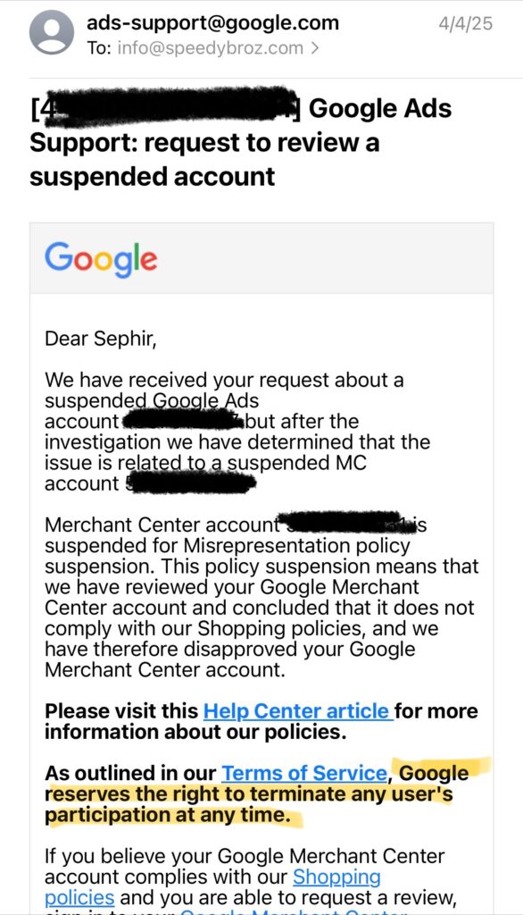 Solves Google Misrepresentation Email rom Google saying Google Ads won't help because it's a Google Merchant Center issue