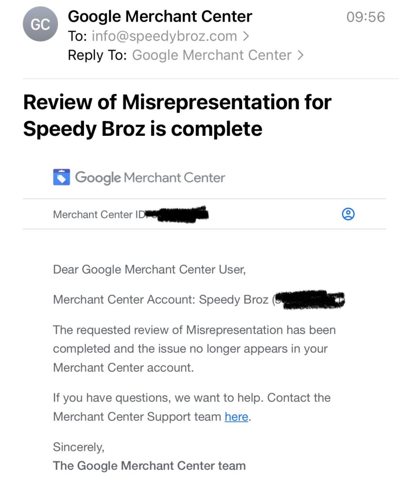 Email from Google announcing the lifting of our Misrepresentation Ban