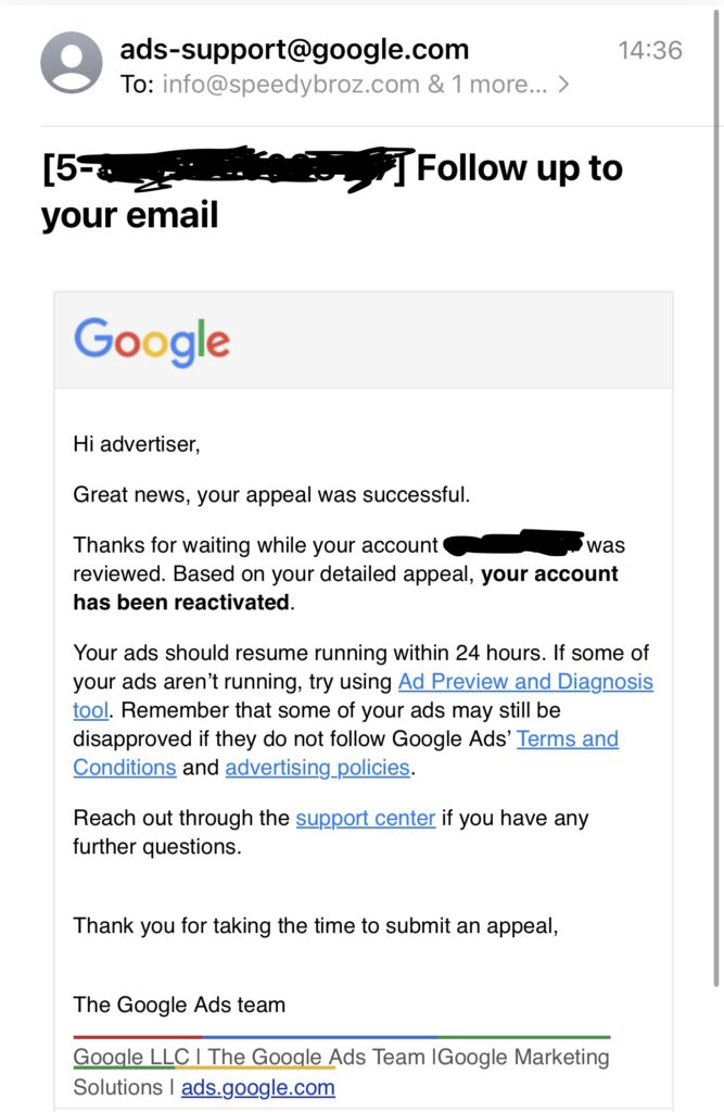 Google Ads email announcing our account has been reactivated