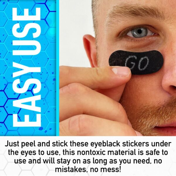 Franklin Eye Black Stickers. Easy use. Just peel and stick these eyeblack stickers under the eyes to use, this nontoxic material is safe to use and will stay on as long as you need. No mistakes, no mess!