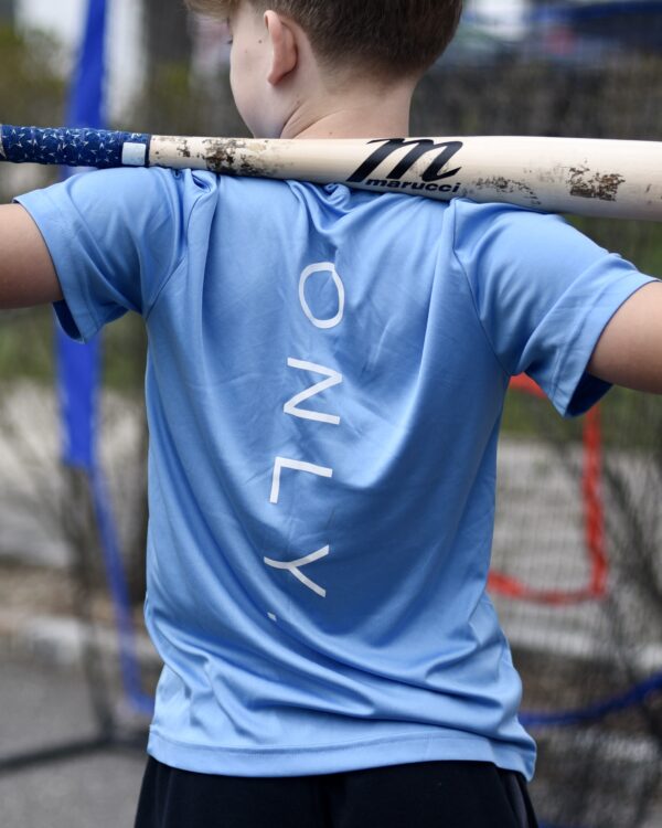 BSBL Only. t-shirt in blue. Rear posing with bat