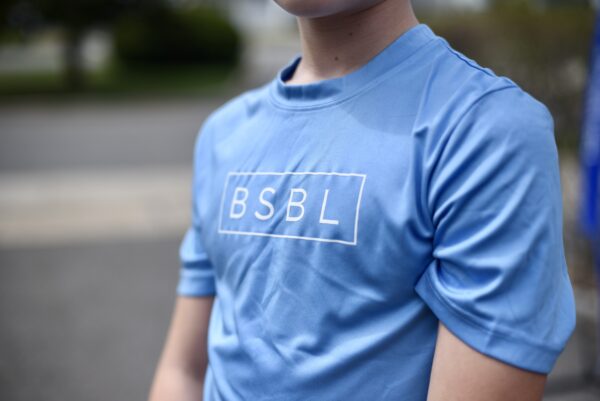 BSBL Only. t-shirt in blue (front)