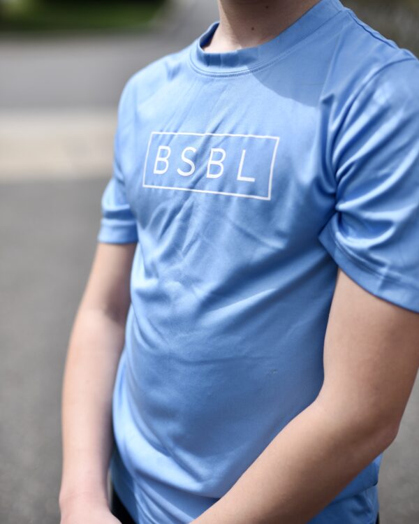 BSBL Only. t-shirt in blue (front)