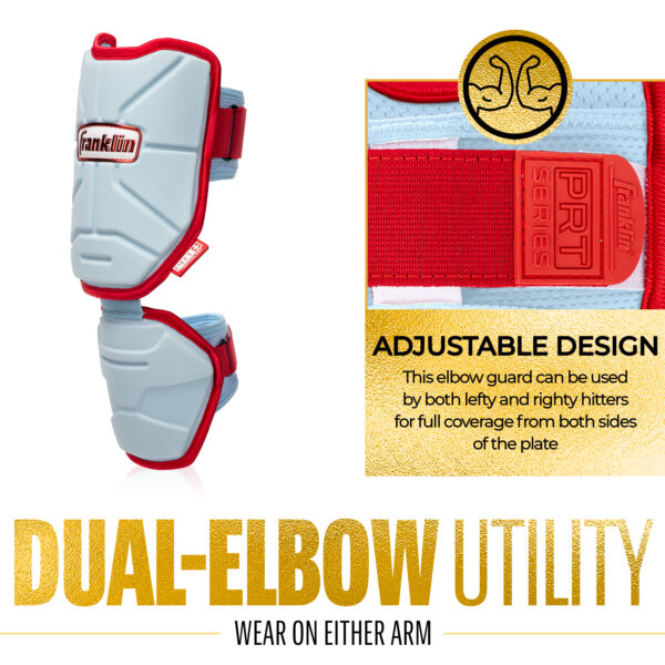PRT Protective Elbow Guard in Carolina Blue and Red. Dual-elbow utility: wear on either arm. Adjustable design. This elbow guard can be used by both left and righty hitters for full coverage from both sides of the plate