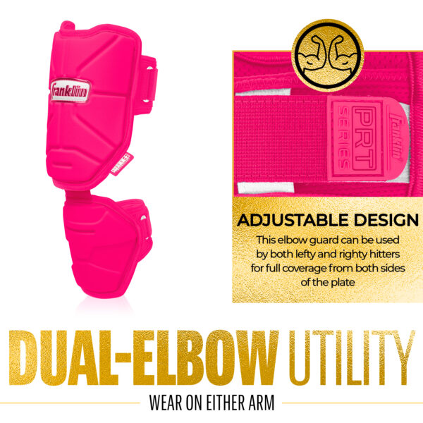 PRT Protective Elbow Guard (Pink). This elbow guard can be used by both lefty and righty hitters for full coverage from both sides of the plate.