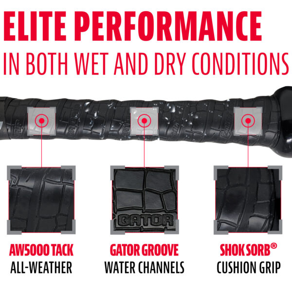 Franklin Gator Grip Bat Tape (Black). Elite performance in both wet and dry conditions. AW5000 tack all-weather. Gator groove water channels. Show-sorb cushion grip.