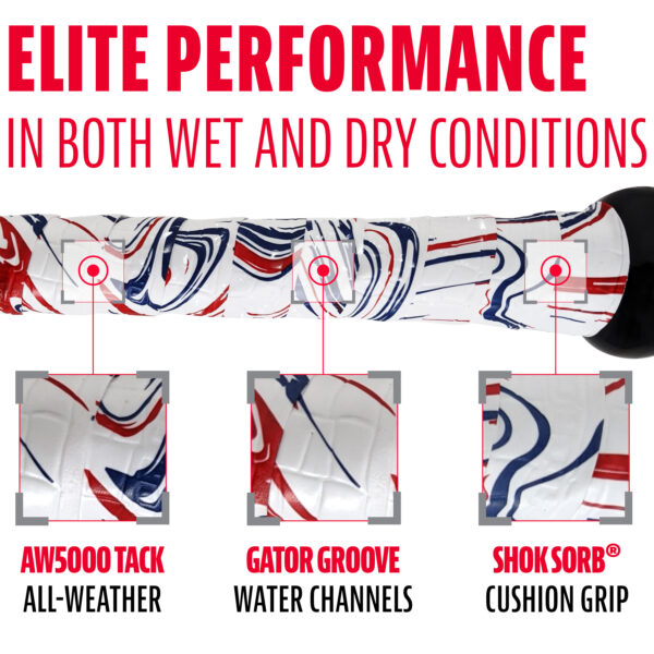 Franklin Gator Grip Bat Tape (USA). Elite performance in both wet and dry conditions. AW5000 tack all-weather. Gator groove water channels. Show-sorb cushion grip.
