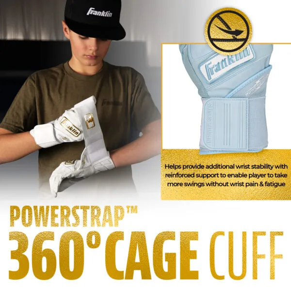 Franklin Infinite Hi-Lite Powerstrap Batting Gloves feature a 360 Cage Cuff