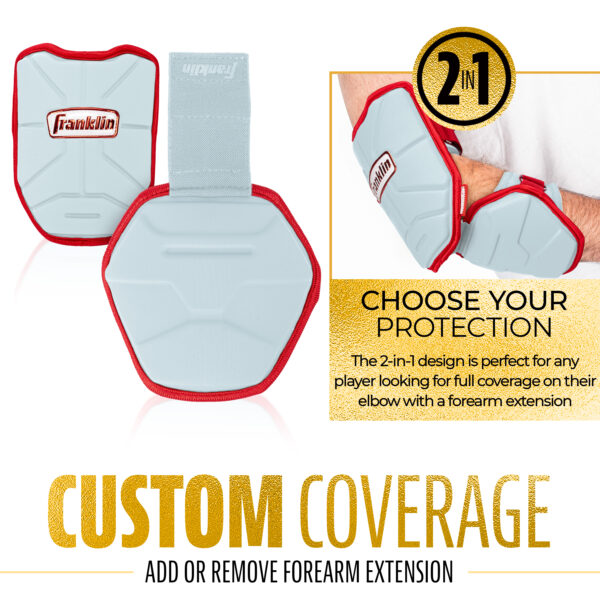 PRT Protective Elbow Guard in Carolina Blue and Red. Custom coverage. Add or remove forearm extension. The 2-in-1 design is perfect for any player looking for full coverage on their elbow with a forearm extension.