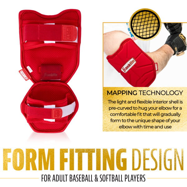 PRT Protective Elbow Guard (Red) form fitting design for adult baseball & softball players. The light and flexible interior shell is pre-curved to hug your elbow for a comfortable fit that will gradually form to the unique shape of your elbow with time and use