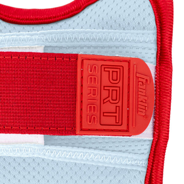 PRT Protective Elbow Guard in Carolina Blue and Red closeup detail