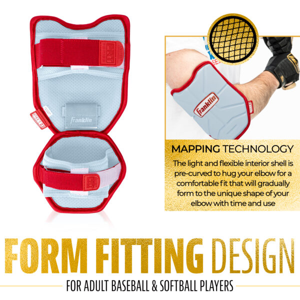 PRT Protective Elbow Guard in Carolina Blue and Red. Form fitting design for adult baseball & softball players. The light and flexible interior shell is pre-curved to hug your elbow for comfortable fit that will gradually form to the unique shape of your elbow with time and use