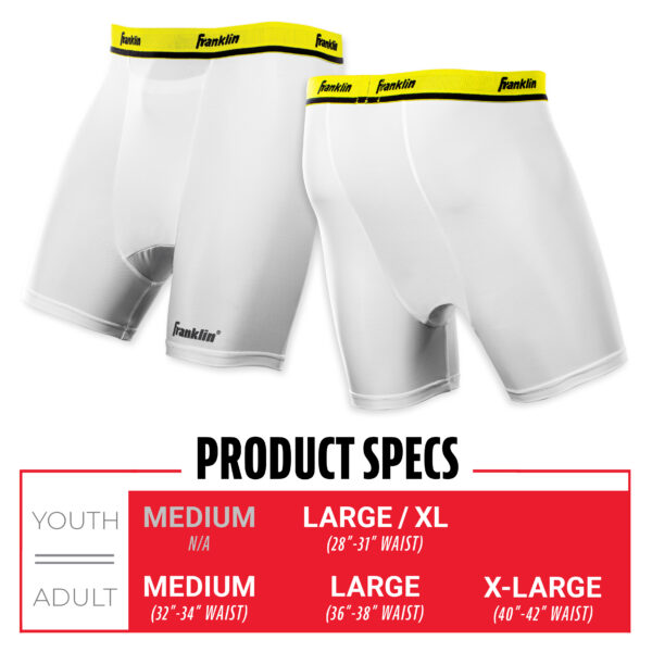 FRANKLIN MLB FLEXPRO CUP AND COMPRESSION SHORTS Size Chart. Youth Large/XL 28-31" waist; Adult M 32-34" Waist; Adult L 36-38" waist; Adult XL 40-42" waist