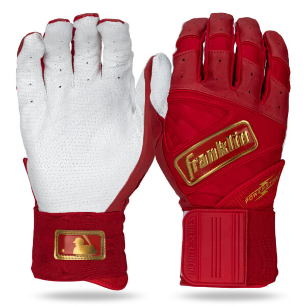 Franklin Infinite Hi-Lite Powerstrip Batting Gloves in Red and Gold (two gloves shown)