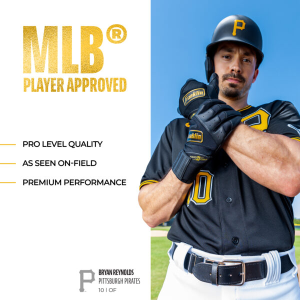 Bryan Reynolds, OF Pittsburgh Pirates, poses with the Franklin Infinite Hi-Lite Powerstrap Batting Gloves. MLB Player Approved. Pro Level Quality. As seen on-field. Premium performance.