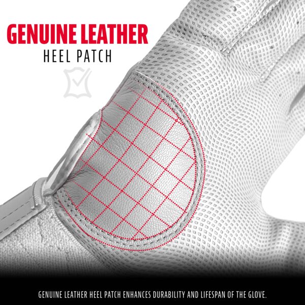 Franklin MLB 2nd Skinz Batting Gloves have a genuine leather heel patch that enhances durability and lifespan of the glove