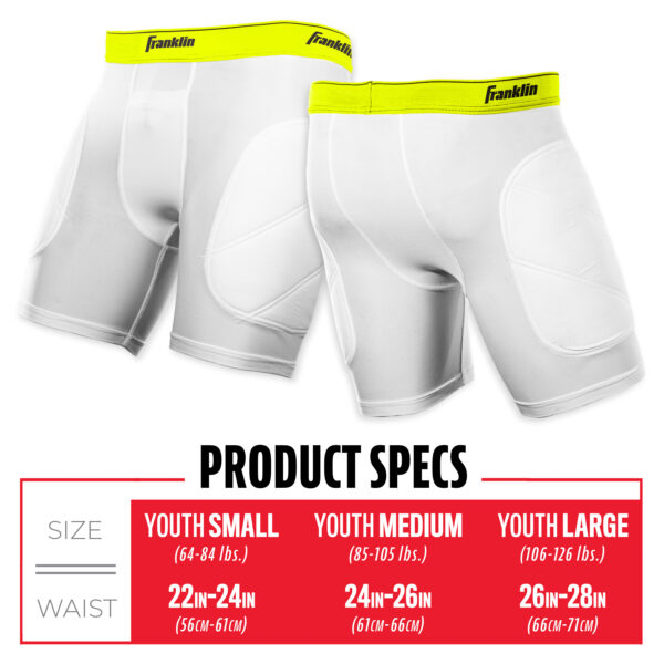Franklin Youth MLB Sliding Shorts (neon yellow) size chart. Youth S 22-24in. Youth M 14-26in. Youth L 26-28in.