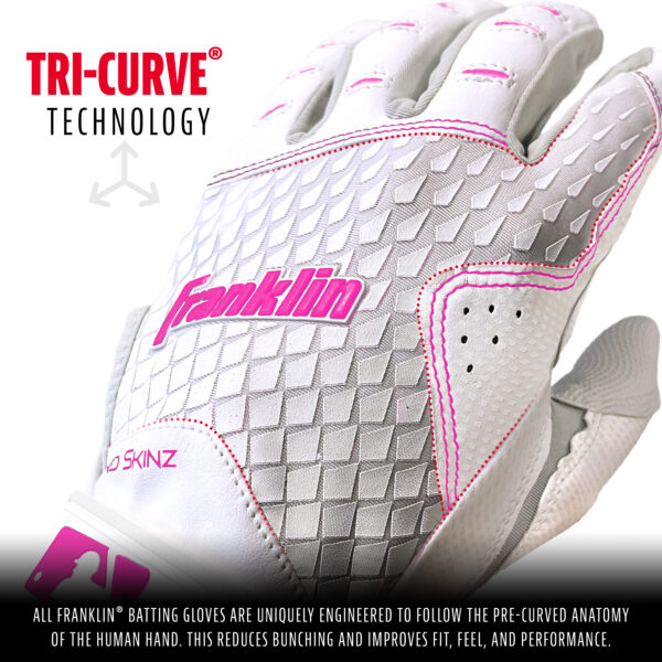 Franklin MLB 2nd Skinz Batting Gloves are uniquely engineered to follow the pre-curved anatomy of the human hand. This reduces bunching and improves fit, feel and performance.