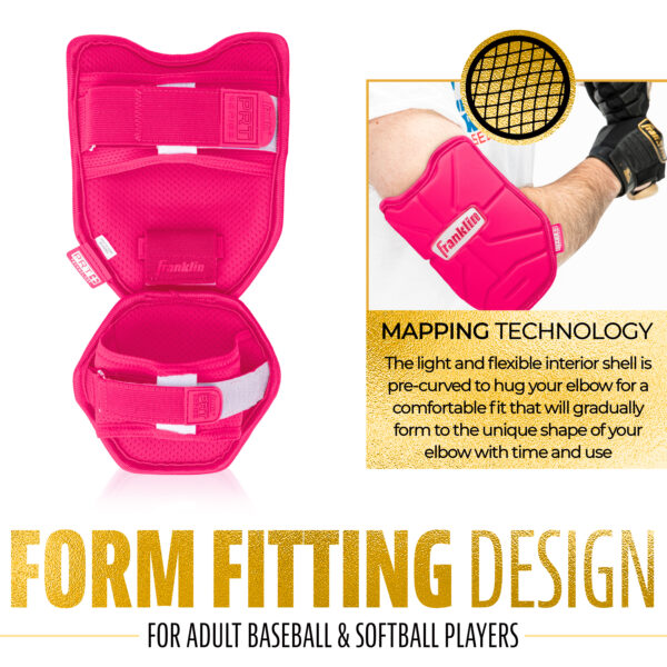 PRT Protective Elbow Guard (Pink) form fitting design for adult baseball & softball players. The light and flexible interior shell is pre-curved to hug your elbow for a comfortable fit that will gradually form to the unique shape of your elbow with time and use