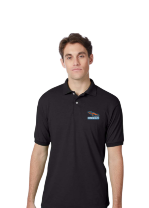 Black polo shirt with embroidered Seminoles patch heat pressed on the left chest