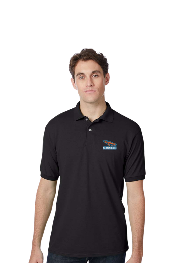 Black polo shirt with embroidered Seminoles patch heat pressed on the left chest