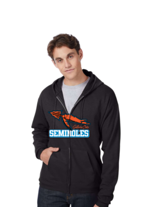 Full zip hooded sweatshirt with Seminoles logo across the front (zipper splits logo)