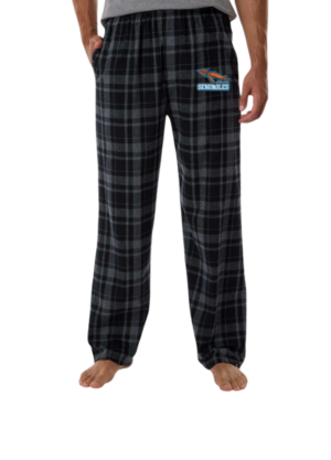 Black checkered pajama pants with embroidered Seminoles patch on left hip