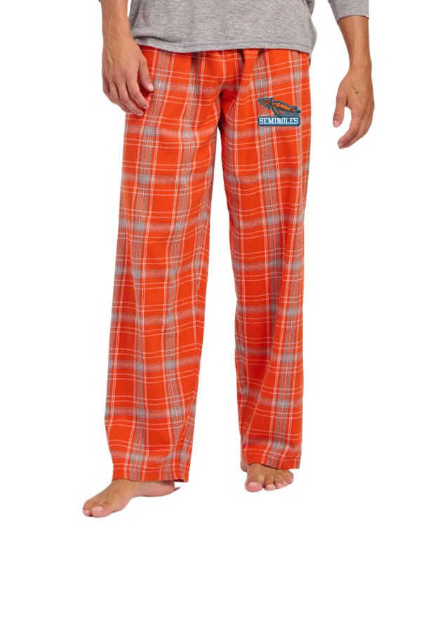 Orange checkered pajama pants with embroidered Seminoles patch on left hip